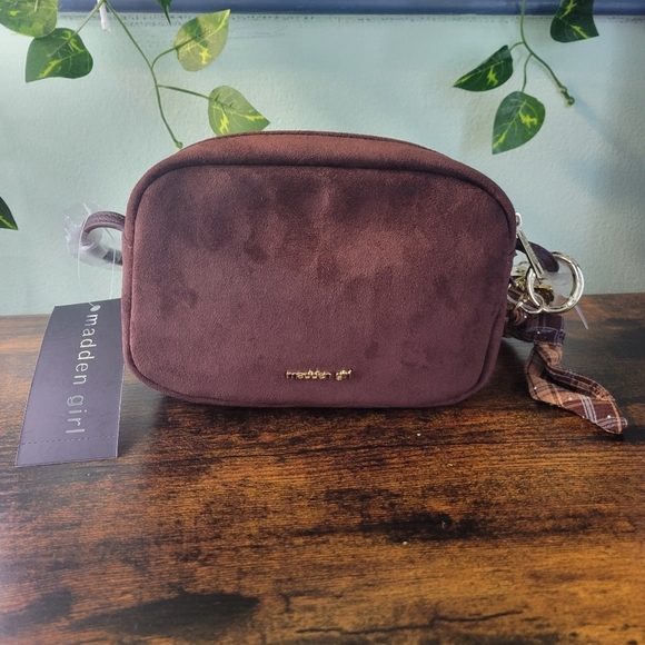 Madden Girl Handbags - Madden Girl Brown Camera Crossbody Bag Faux Suede Gold Hardware NWT MSRP $36